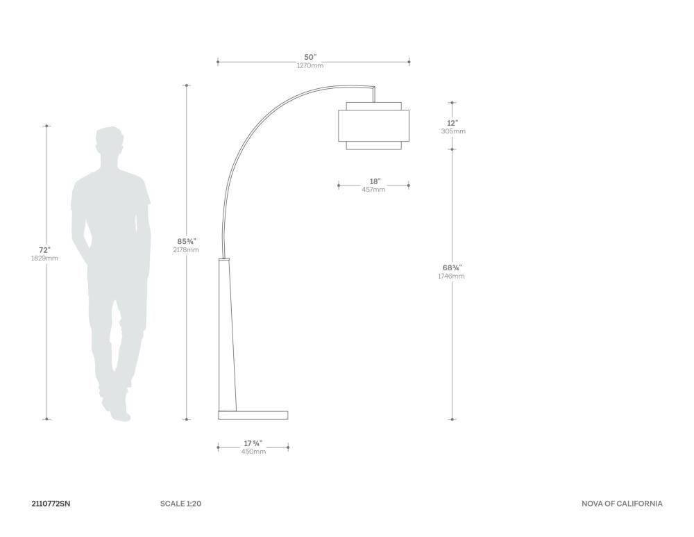 Coronado 1 Light Arc Floor Lamp Matte Black & Satin Nickel Dimensions