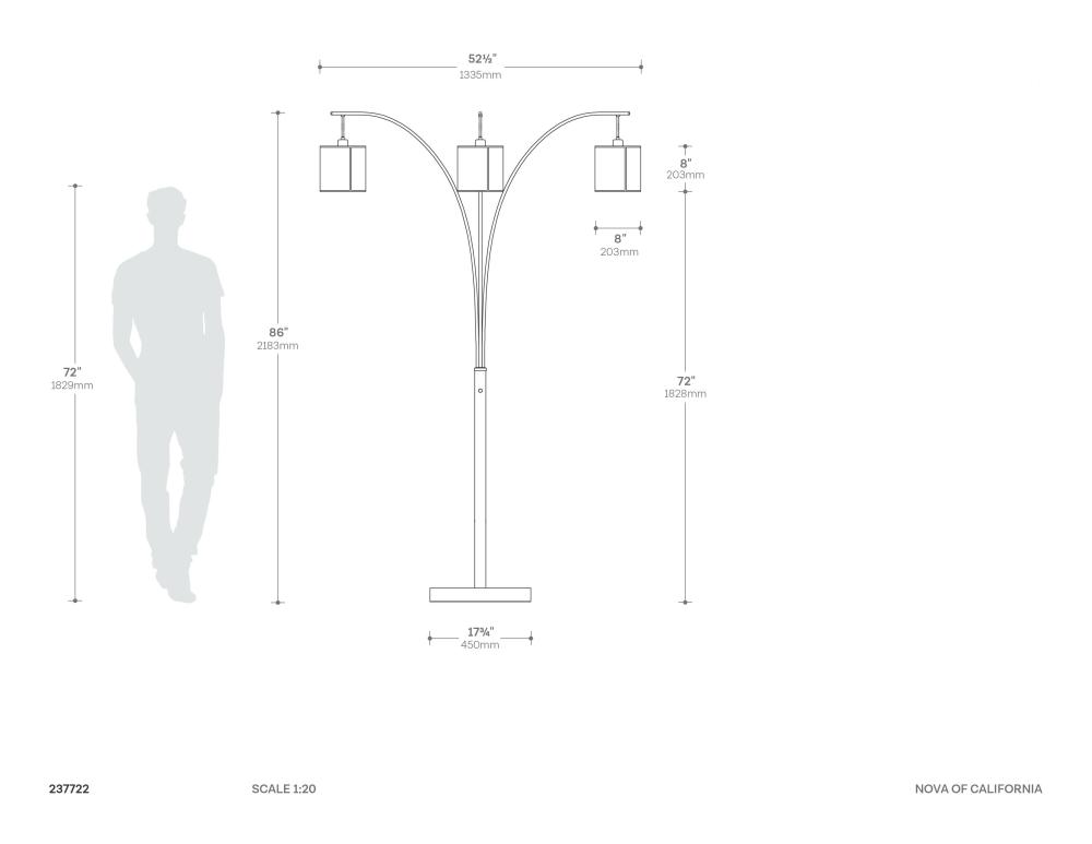 Layers Natural Mica 3 Light Arc Floor Lamp 86″ - Charcoal Gray & Gunmetal, Dimmer Switch Dimensions