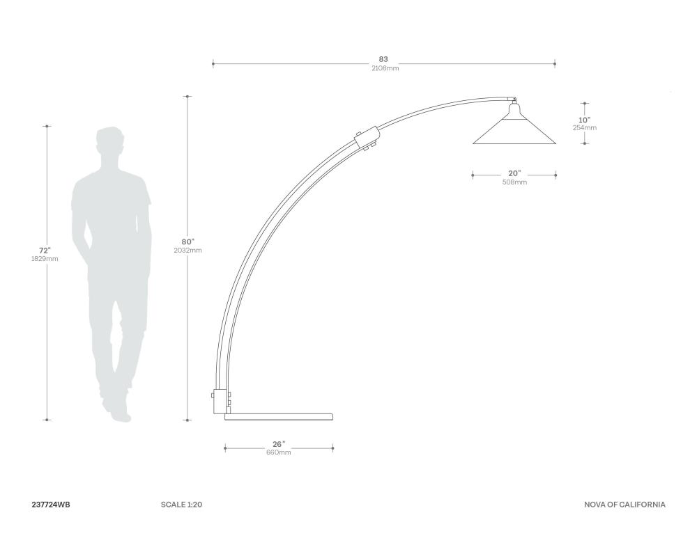 Melmar Arc Floor Lamp - Weathered Brass & Walnut, Dimmer Switch, V-Base Dimensions