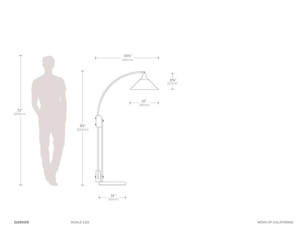Melmar Chairside Arc Floor Lamp - Weathered Brass & Walnut, Dimmer Switch, V-Base Dimensions