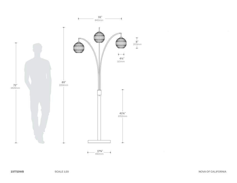Moraga 3 Light Arc Floor Lamp 85″ - Bone Porcelain, Weathered Brass & Walnut, 4-Way Rotary Switch, Marble Base Dimensions
