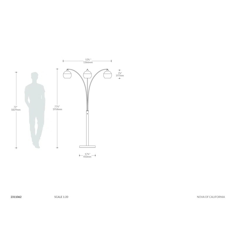 Orson 3 Light Arc Floor Lamp 84 - Matte Black Brushed Nickel Mouthblown Glass Dimmer Switch Marble Base Dimensions