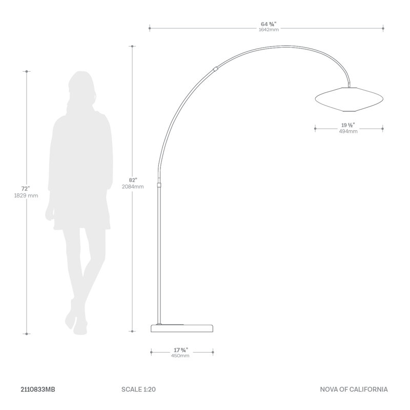 Roswell 1 Light Arc Floor Lamp - Matte Black Finish Dimensions