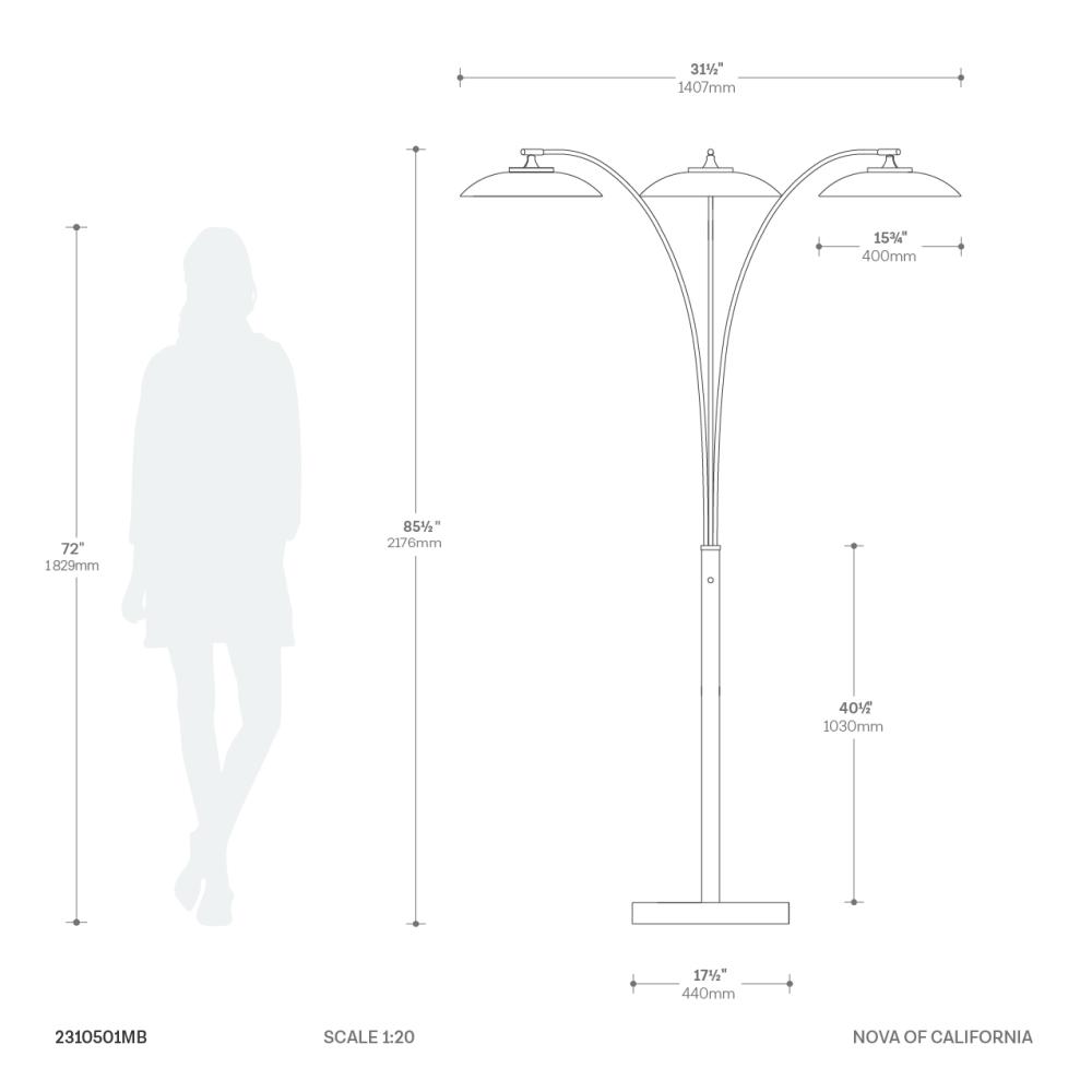 Saucer 3 Light Arc Floor Lamp - Matte Black Dimensions